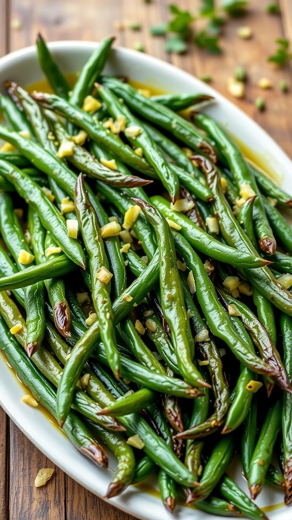 A serving of garlic roasted green beans on a rustic table, garnished with minced garlic and fresh herbs.